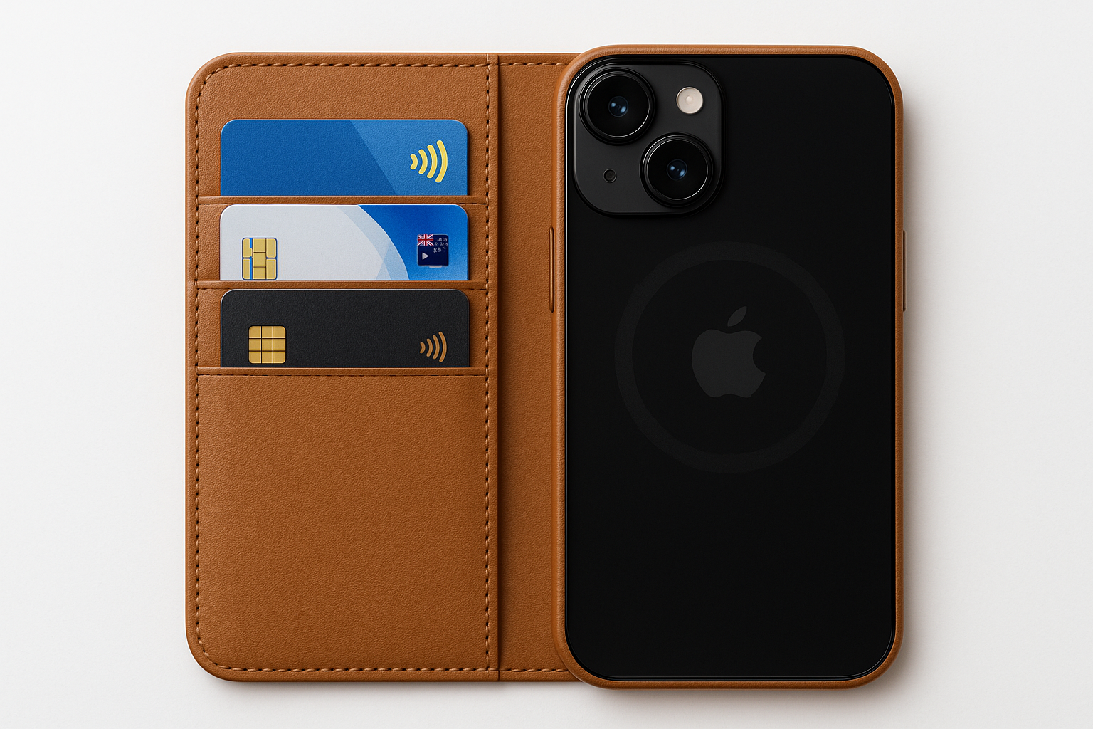 Top-down view of a tan iPhone 16 wallet case with three credit cards partially inserted into the slots