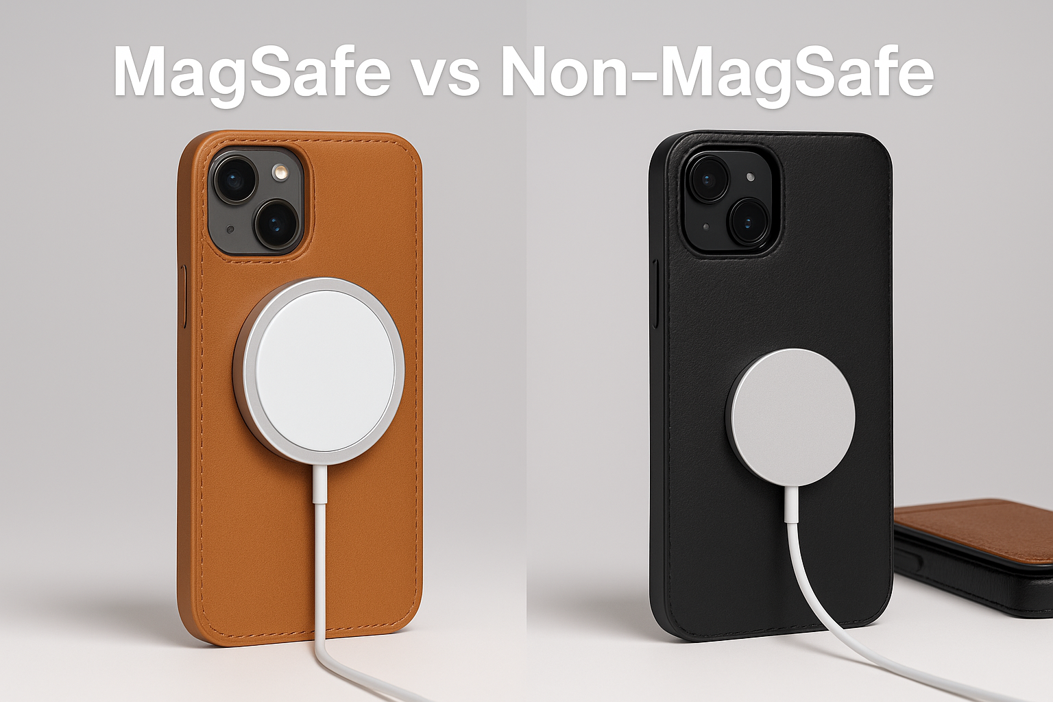 Side-by-side photo of an iPhone 16 in a tan MagSafe wallet case charging versus a black non-MagSafe case with a misaligned charger