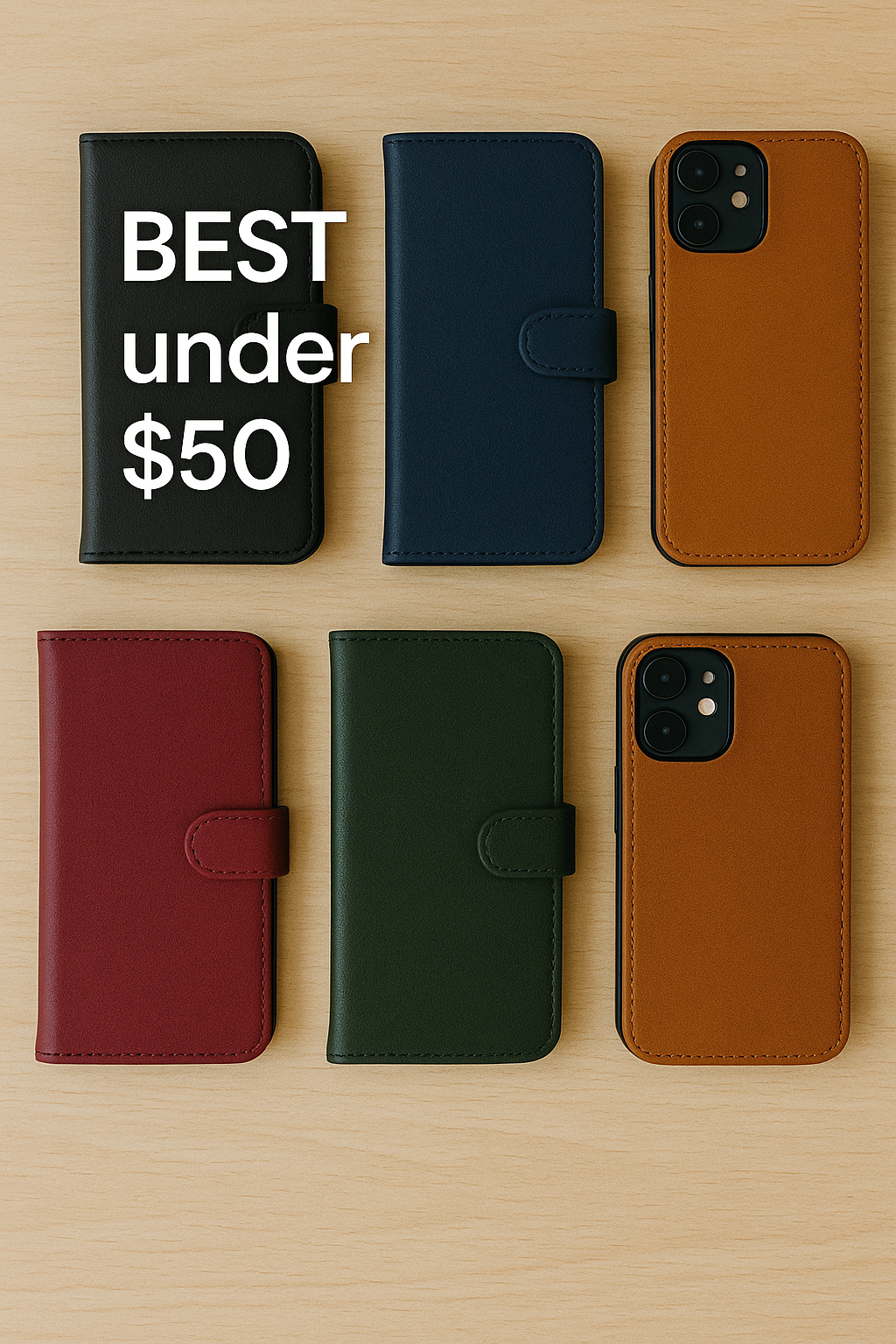 Five iPhone 16 wallet cases under fifty dollars arranged on a wooden desktop