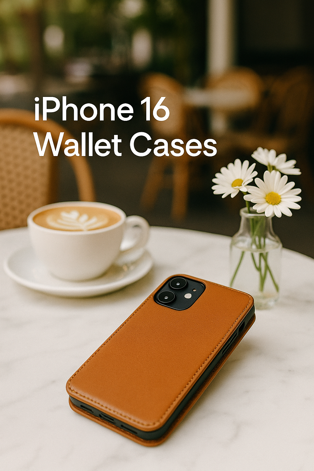 Hero image of a tan iPhone 16 wallet case on a marble café table beside a flat white and daisies