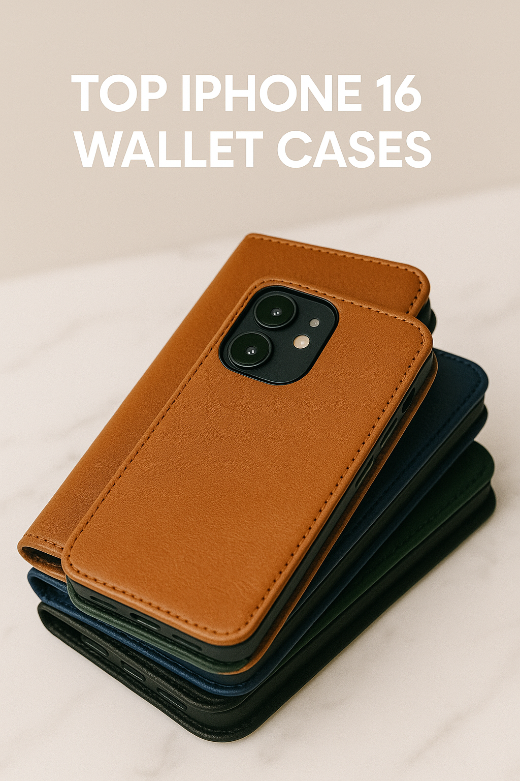 Stack of four leather iPhone 16 wallet cases in tan, navy, green and black with headline Top iPhone 16 Wallet Cases